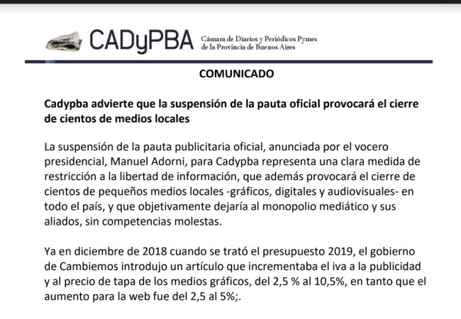 #SinPauta: advierten que provocará el cierre de medios locales